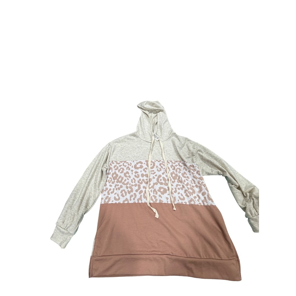 Bibi Colorblock Leopard Print Hoodie‎ Gray Pink Beige Long Sleeve Drawstring